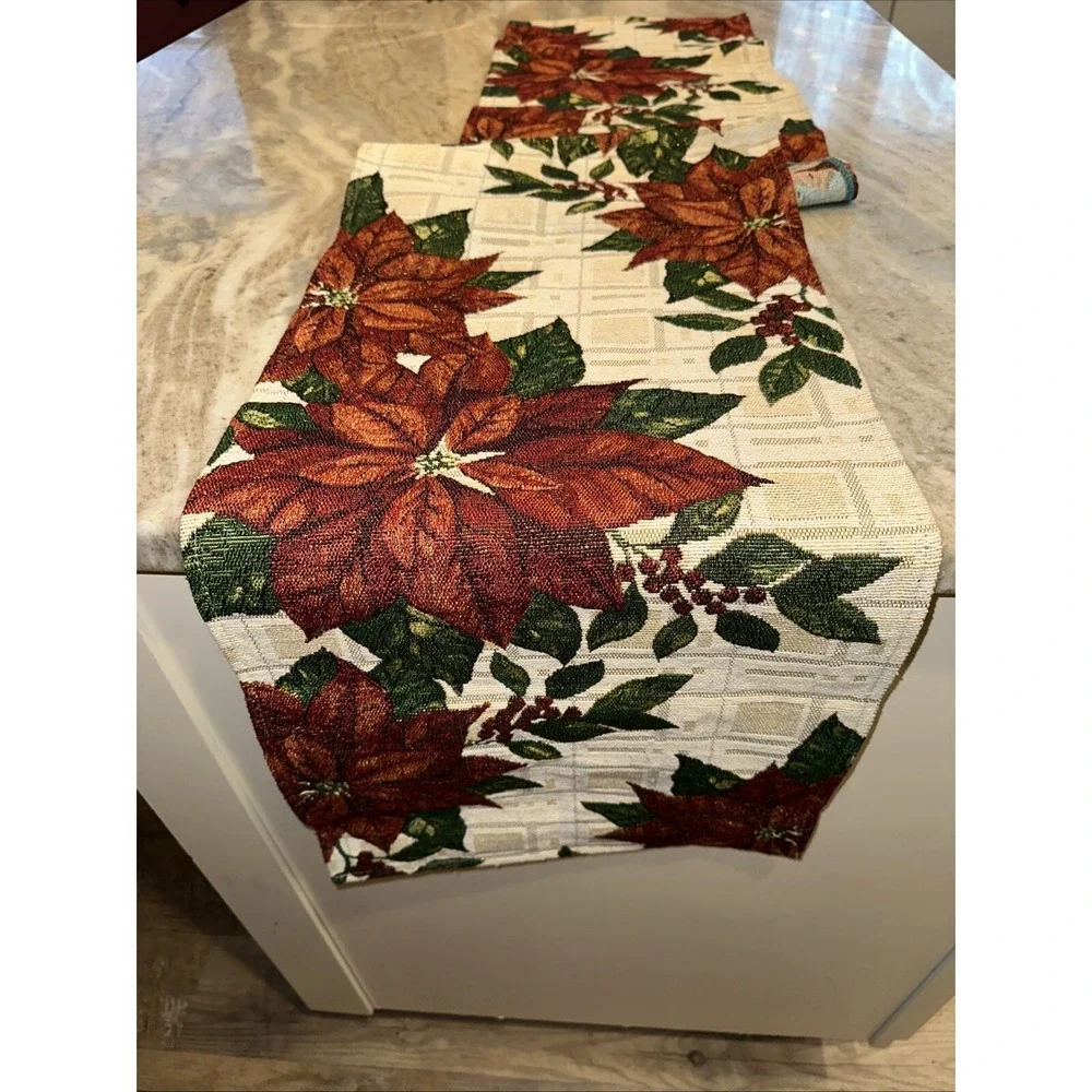 Christmas Table Runner Poinsettia Cream Brocade Tapestry 13